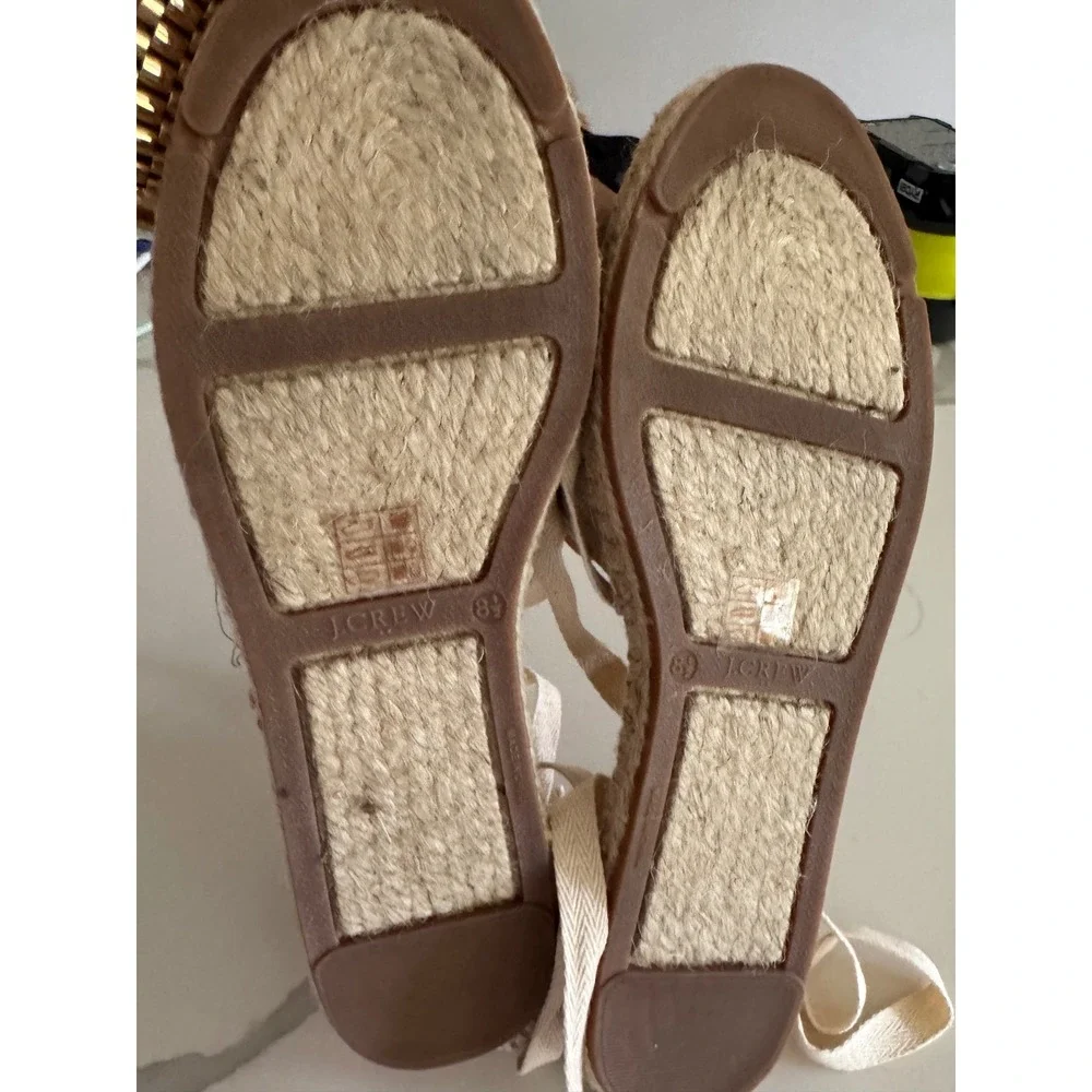 J.Crew Womens Ankle Tie Espadrille Flats Linen Lace Up Sandal Beige 8.5